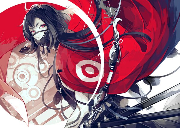 Anime picture 1000x712 with original ichigaya single long hair fringe black hair red eyes holding looking away dual wielding bodypaint bow weapon sword cape sheath
