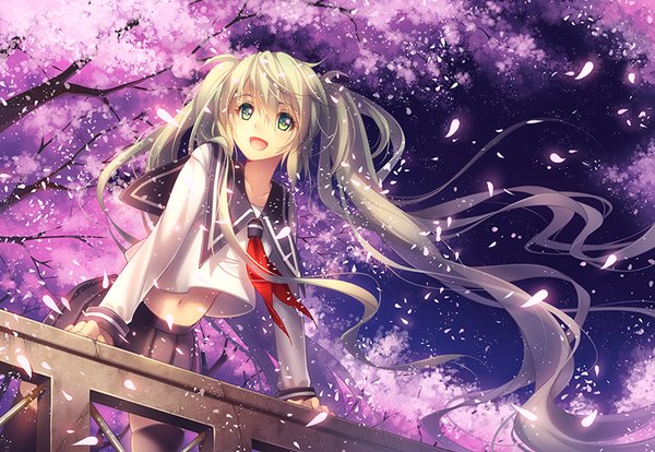 Anime picture 800x553 with vocaloid hatsune miku tidsean single blush fringe smile twintails green eyes looking away ahoge very long hair pleated skirt green hair wind night bare belly leaning zettai ryouiki leaning forward