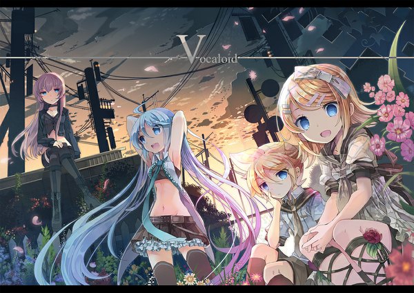 Anime picture 1000x709 with vocaloid hatsune miku megurine luka kagamine rin kagamine len fruit punch long hair looking at viewer fringe short hair breasts open mouth blonde hair standing sitting multiple girls looking away pink hair sky cleavage