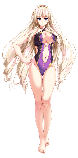 Anime picture 1001x2031 with unionism quartet silveria leodiehl amasaka takashi single long hair tall image looking at viewer fringe highres breasts blue eyes light erotic simple background blonde hair smile hair between eyes large breasts cleavage full body barefoot