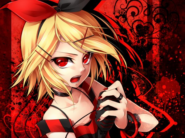 Anime picture 1600x1200 with vocaloid kagamine rin ueno tsuki single looking at viewer short hair open mouth blonde hair red eyes teeth fang (fangs) girl hair ornament bow hair bow bracelet bobby pin x hair ornament microphone
