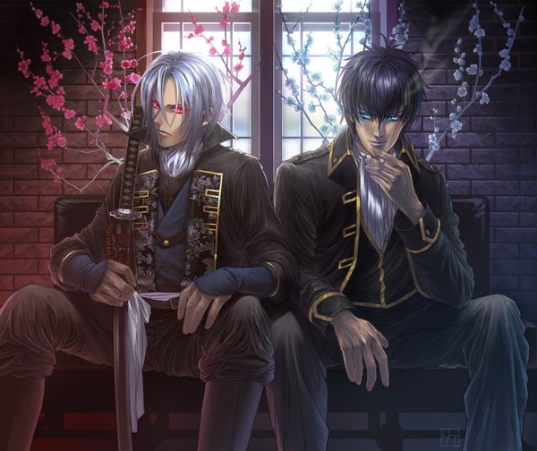 Anime picture 1800x1512 with gintama hakuouki shinsengumi kitan sunrise (studio) studio deen hijikata toshiro hijikata toshizou (hakuouki) long hair highres blue eyes black hair red eyes sitting silver hair traditional clothes multiple boys cherry blossoms smoke brick wall boy flower (flowers)