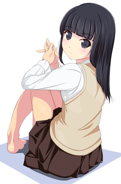 Anime picture 800x1216 with original matsunaga kouyou single long hair tall image black hair white background looking back black eyes bare legs girl skirt