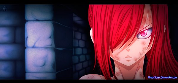 Anime picture 1800x842 with fairy tail erza scarlet hyugasosby single long hair fringe highres wide image red hair pink eyes hair over one eye coloring close-up face girl wall