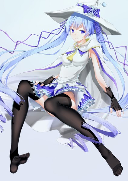 Anime picture 1240x1753 with vocaloid suki! yuki! maji magic (vocaloid) hatsune miku yuki miku yuki miku (2014) u.n.k. single tall image looking at viewer blue eyes twintails blue hair very long hair legs girl thighhighs dress gloves ribbon (ribbons) black thighhighs