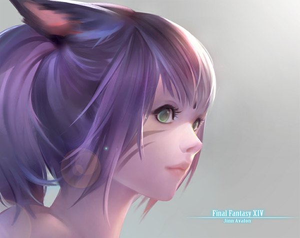Anime picture 1000x795 with final fantasy final fantasy xiv square enix miqo'te jinn avalon single long hair fringe simple background green eyes signed animal ears looking away purple hair ponytail lips cat ears grey background cat girl facial mark