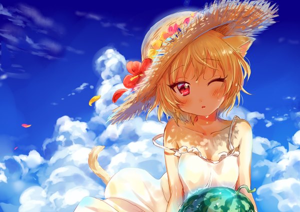 Anime picture 1214x860 with original sakuro single looking at viewer blush fringe short hair blonde hair red eyes bare shoulders holding animal ears sky cloud (clouds) tail parted lips animal tail one eye closed wind sunlight