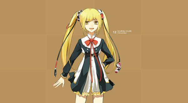 Anime picture 1282x706 with tsukiuta hijiri kurisu tagme (artist) single long hair looking at viewer blonde hair simple background smile wide image twintails yellow eyes parted lips official art hand on hip brown background girl dress ribbon (ribbons) wire (wires)