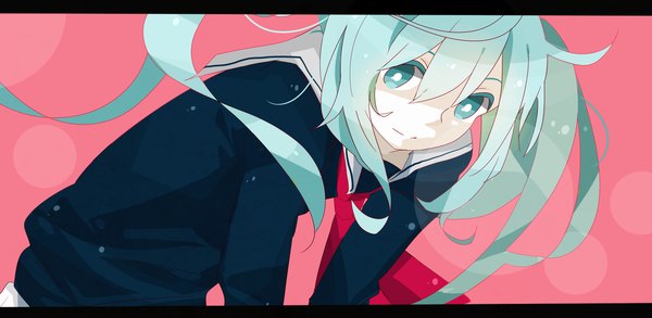 Anime picture 2048x1001 with vocaloid hatsune miku niimo56 single long hair looking at viewer highres smile wide image twintails aqua eyes aqua hair pink background girl serafuku