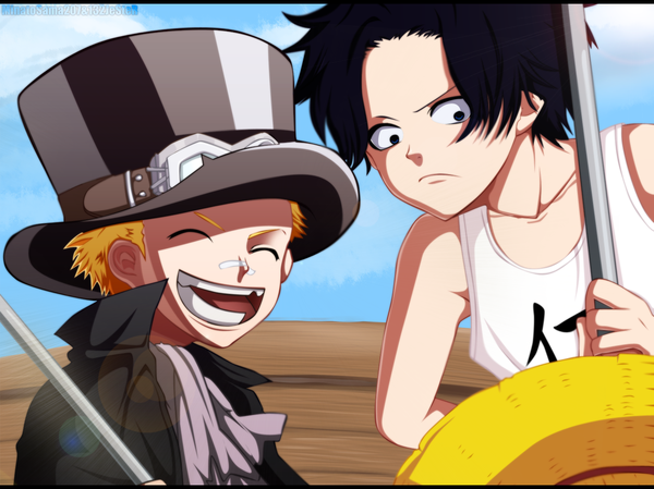 Anime picture 1352x1012 with one piece toei animation portgas d. ace sabo (one piece) minatosama207 132jester short hair open mouth blue eyes black hair blonde hair smile sky cloud (clouds) eyes closed coloring bandaid on nose boy hat cloak