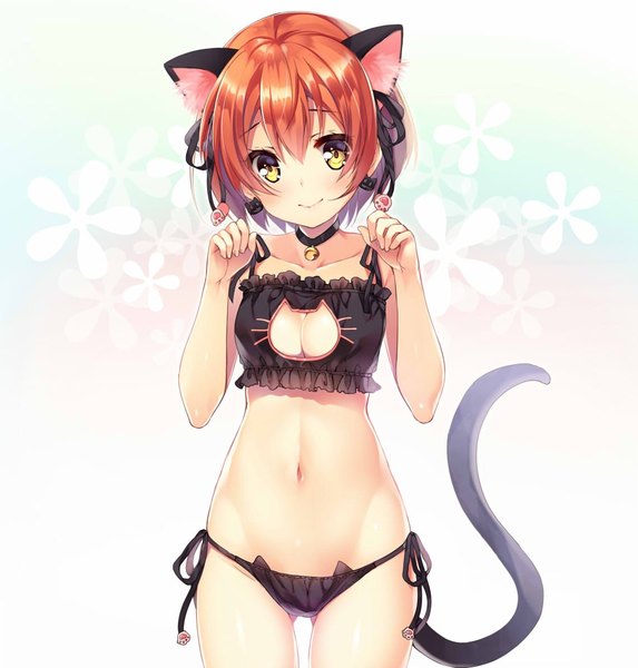 Anime picture 1138x1193 with love live! school idol project sunrise (studio) love live! hoshizora rin miwabe sakura single tall image looking at viewer blush short hair breasts light erotic smile hair between eyes animal ears yellow eyes tail animal tail cat ears orange hair