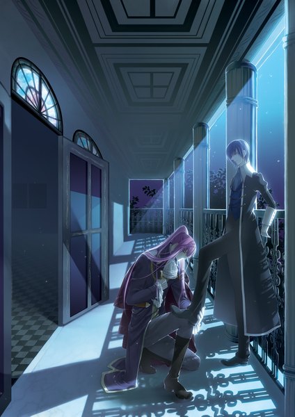 Anime picture 2894x4093 with vocaloid kaito (vocaloid) kamui gakupo migiwa hasu (artist) long hair tall image highres short hair blue eyes blue hair purple hair ponytail eyes closed night checkered floor victorian boy boots window coat