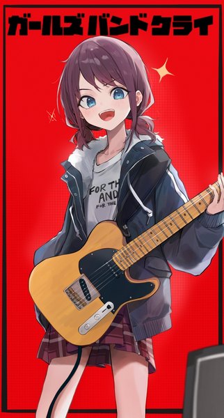 Anime picture 550x1024 with girls band cry toei animation iseri nina blanc (whit blanc) single tall image looking at viewer short hair open mouth blue eyes simple background standing twintails :d open jacket copyright name low twintails short twintails red background girl