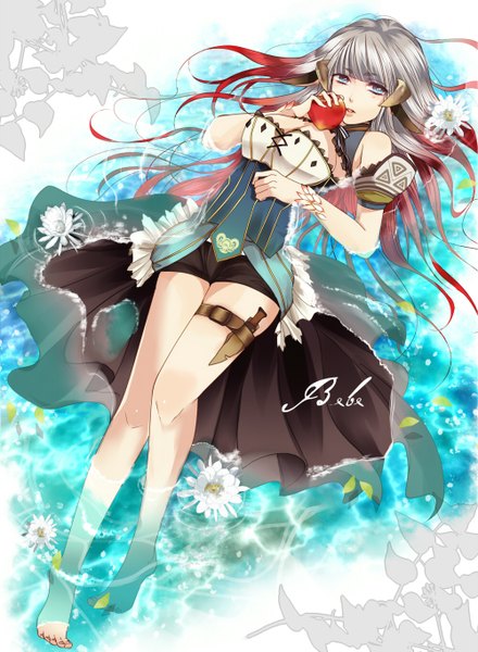 Anime picture 1000x1363 with original kirie-110 single long hair tall image looking at viewer fringe breasts lying multicolored hair aqua eyes lips two-tone hair girl flower (flowers) weapon water shorts leaf (leaves) short shorts