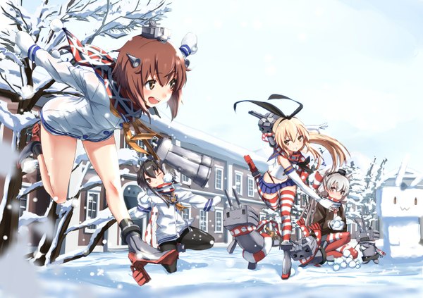 Anime picture 1416x1000 with kantai collection shimakaze destroyer rensouhou-chan amatsukaze destroyer rensouhou-kun yukikaze destroyer tokitsukaze destroyer tsuuhan long hair blush fringe short hair open mouth black hair blonde hair smile brown hair standing sitting bare shoulders