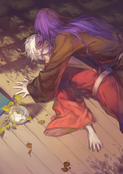 Anime picture 800x1130 with fate (series) fate/zero type-moon berserker (fate/zero) matou kariya naked cat long hair tall image short hair blue eyes signed purple hair white hair lying traditional clothes japanese clothes multiple boys shadow couple shounen ai
