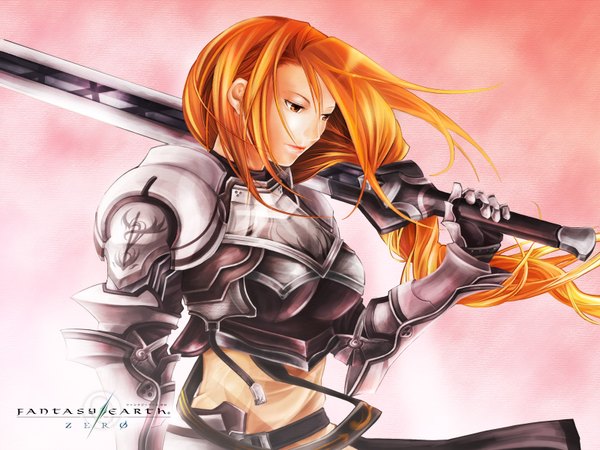 Anime picture 1600x1200 with fantasy earth zero single long hair simple background orange hair orange eyes single braid knight warrior girl weapon sword armor