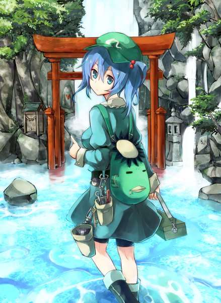 Anime picture 1280x1750 with touhou kawashiro nitori irohara mitabi single tall image highres short hair blue eyes twintails blue hair looking back from behind short twintails pointing waterfall girl plant (plants) tree (trees) water backpack