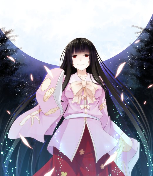 Anime picture 1365x1570 with touhou houraisan kaguya crote single long hair tall image black hair red eyes light smile girl dress petals moon