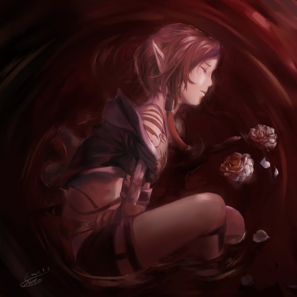 Anime picture 1771x1771 with prince maker (game) saxia single highres short hair simple background red hair eyes closed profile pointy ears inscription tattoo girl flower (flowers) petals water