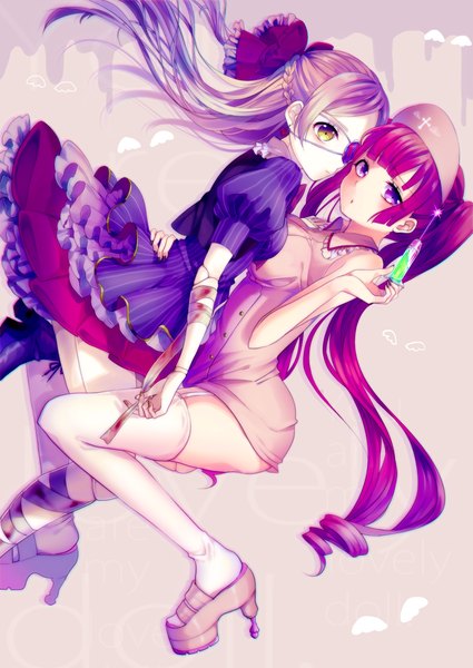 Anime picture 1000x1412 with original shiki hinako long hair tall image looking at viewer blush purple eyes twintails multiple girls yellow eyes pink hair high heels face to face lolita fashion nurse goth-loli girl thighhighs dress bow