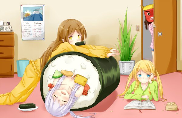 Anime picture 1200x777 with original tsuchikure (3105mitoko) long hair looking at viewer blush open mouth blue eyes light erotic blonde hair brown hair twintails multiple girls yellow eyes silver hair lying eyes closed girl food book (books) mask