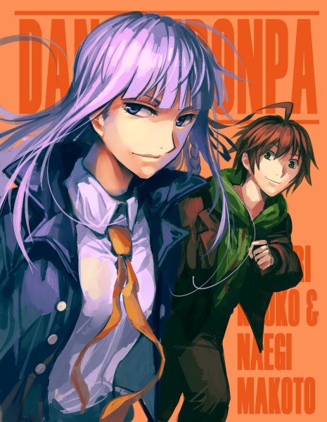 Anime picture 930x1200 with dangan ronpa kirigiri kyouko naegi makoto ruukii drift long hair tall image short hair smile brown hair purple eyes purple hair ahoge inscription character names orange background girl boy necktie