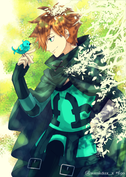 Anime picture 857x1200 with fate (series) fate/extra robin hood (fate) kawasemi sumika single tall image fringe short hair smile brown hair green eyes signed profile hair over one eye hand on hip twitter username bird on hand boy animal bird (birds)