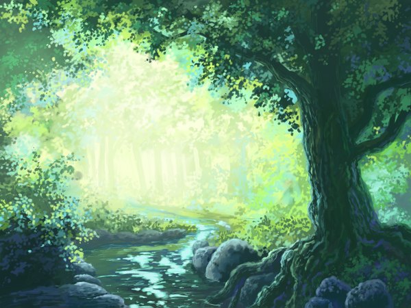 Anime picture 1300x975 with original aoha (twintail) sunlight no people landscape summer river plant (plants) tree (trees) forest stone (stones)