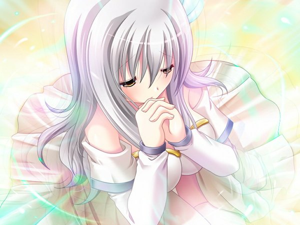 Anime picture 1024x768 with delta! - onedari tenshi to hitotsu yane no shita long hair yellow eyes game cg white hair girl