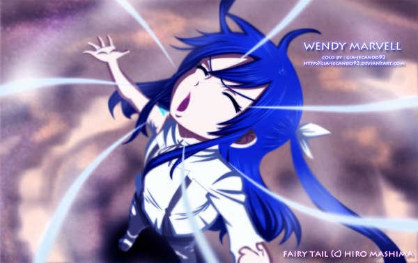 Anime picture 1000x631 with fairy tail wendy marvell seireiart single long hair open mouth blue hair eyes closed from above inscription tattoo coloring torn clothes magic spread arms smoke girl blouse