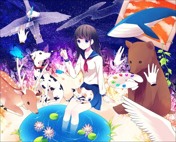 Anime picture 1300x1050 with original achiki long hair blue eyes black hair brown hair sitting cloud (clouds) horn (horns) light smile night sky soaking feet lake girl uniform plant (plants) school uniform animal wings window