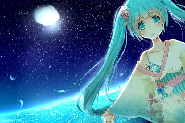 Anime picture 2000x1333 with vocaloid hatsune miku moroboshi yukino (artist) single long hair highres light erotic twintails hair flower aqua eyes aqua hair night glowing girl hair ornament water leaf (leaves) star (stars) yukata