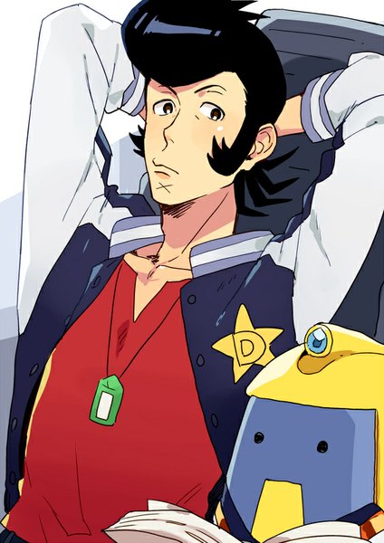 Anime picture 566x800 with space dandy studio bones dandy (space dandy) qt (space dandy) mosuko tall image blush short hair black hair sitting brown eyes open clothes open jacket arms behind head reading pompadour boy jacket book (books) robot