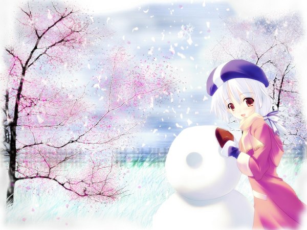 Anime picture 1024x768 with tagme (character) single long hair looking at viewer fringe open mouth hair between eyes red eyes outdoors white hair head tilt cherry blossoms happy snowing winter low ponytail snow girl plant (plants) tree (trees)