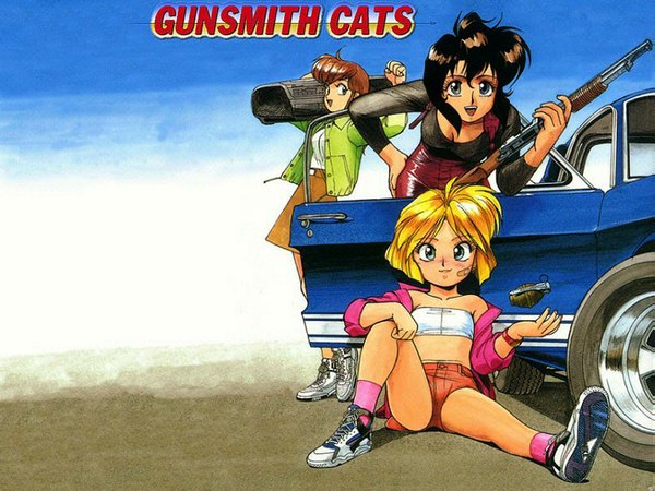 Anime picture 1024x768 with gunsmith cats rally vincent minnie may hopkins misty brown short hair black hair blonde hair smile brown hair sitting green eyes payot black eyes midriff wallpaper bent over 90s jacket shorts gun