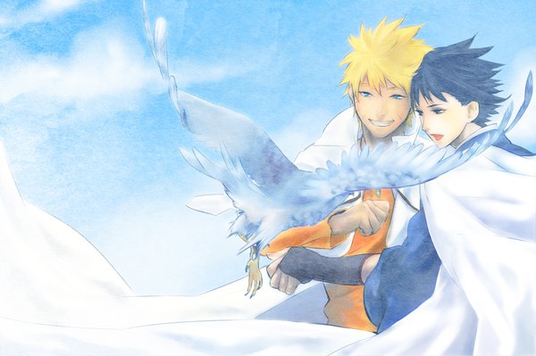 Anime picture 1000x665 with naruto studio pierrot naruto (series) uzumaki naruto uchiha sasuke miyabi310 short hair blue eyes black hair blonde hair smile blue hair sky wind multiple boys facial mark whisker markings jinchuriki boy gloves