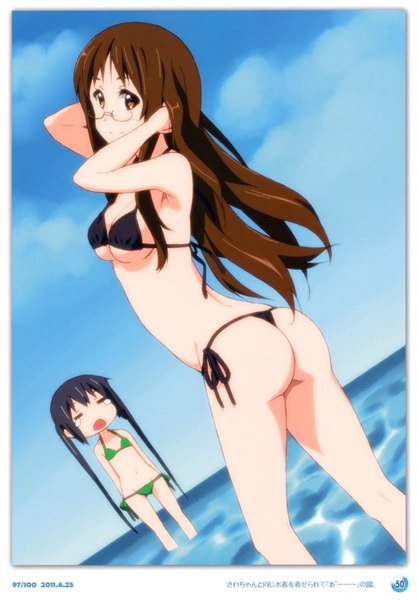 Anime picture 2097x3000 with k-on! kyoto animation nakano azusa yamanaka sawako long hair tall image highres breasts light erotic black hair smile brown hair twintails multiple girls brown eyes ass scan girl 2 girls swimsuit