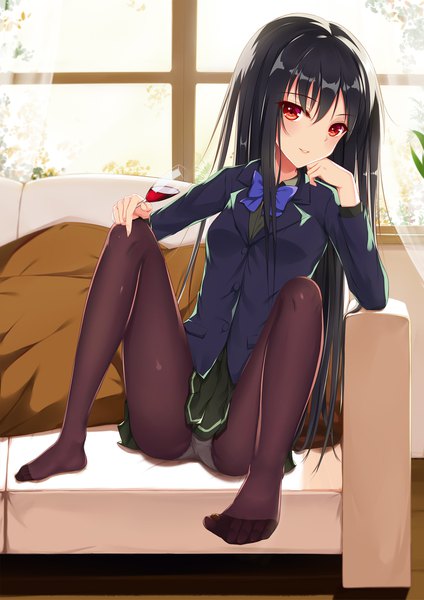 Anime picture 1500x2121 with accel world sunrise (studio) kuroyukihime flan (seeyouflan) single long hair tall image looking at viewer blush fringe light erotic black hair red eyes sitting holding full body bent knee (knees) indoors parted lips pleated skirt