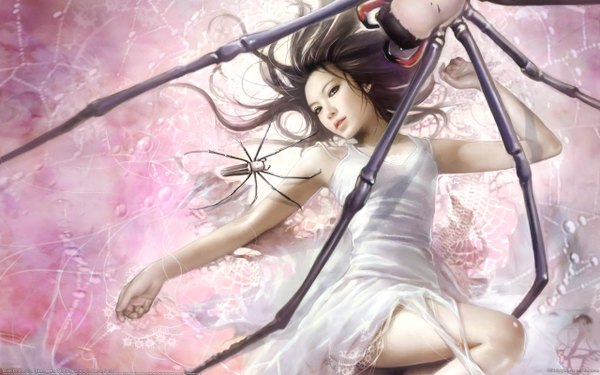 Anime picture 2560x1600 with original eat0123 single long hair looking at viewer highres black hair wide image lying realistic on back floating hair torn clothes watermark spread arms pink background girl dress white dress spider