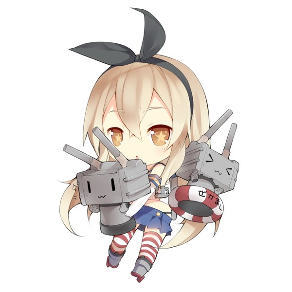 Anime picture 1500x1500 with kantai collection shimakaze destroyer rensouhou-chan saru (longbb) long hair looking at viewer blush open mouth blonde hair simple background white background brown eyes zettai ryouiki symbol-shaped pupils chibi :3 > < girl thighhighs skirt