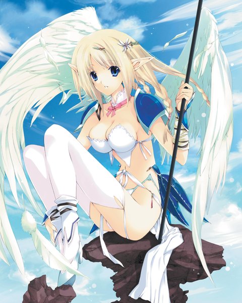 Anime picture 3072x3840 with iizuki tasuku long hair tall image highres blue eyes light erotic blonde hair absurdres braid (braids) pointy ears valkyrie wings feather (feathers) staff
