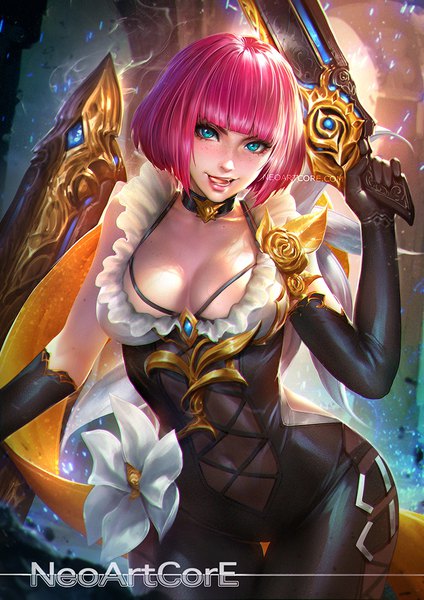 Anime picture 700x990 with realm of valor violet (realm of valor) nudtawut thongmai single tall image looking at viewer fringe short hair breasts blue eyes light erotic large breasts pink hair cleavage blunt bangs light smile realistic freckles girl navel
