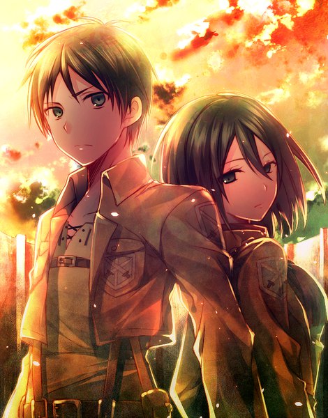Anime picture 680x868 with shingeki no kyojin production i.g mikasa ackerman eren yaeger riichu tall image looking at viewer fringe short hair black hair hair between eyes sky cloud (clouds) upper body black eyes turning head evening sunset serious back to back