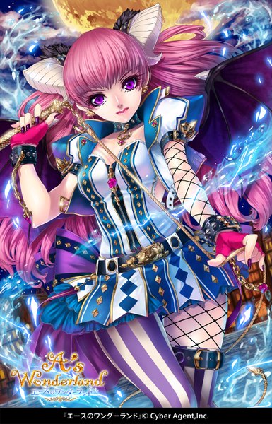 Anime picture 1000x1559 with a's wonderland kunishige keiichi single long hair tall image looking at viewer purple eyes pink hair nail polish horn (horns) lightning girl dress pantyhose wings bracelet fingerless gloves moon jewelry whip