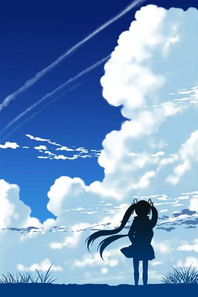 Anime picture 1000x1500 with original hoshi ichi single long hair tall image twintails sky cloud (clouds) back silhouette girl ribbon (ribbons) plant (plants) hair ribbon grass