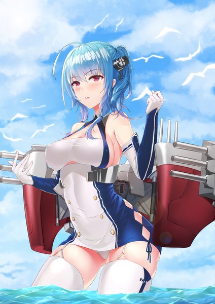 Anime picture 1240x1754 with azur lane st. louis (azur lane) hentai kuwa single long hair tall image blush breasts light erotic large breasts bare shoulders blue hair looking away sky ahoge ponytail pink eyes partially submerged girl thighhighs