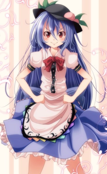 Anime picture 1000x1618 with touhou hinanawi tenshi s-syogo single long hair tall image blush smile red eyes blue hair hands on hips girl dress hat bowtie