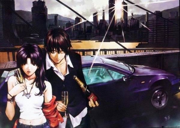 Anime picture 1474x1052 with neon genesis evangelion evangelion: 2.0 you can (not) advance gainax katsuragi misato kaji ryouji long hair short hair brown hair purple hair eyes closed sunlight couple city girl cross bottle ground vehicle sun glass wine glass