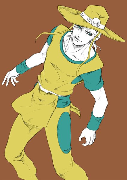 Anime picture 566x800 with jojo no kimyou na bouken hol horse chounorin single long hair tall image looking at viewer simple background aqua eyes from above smoking brown background partially colored boy hat cigarette wristlet